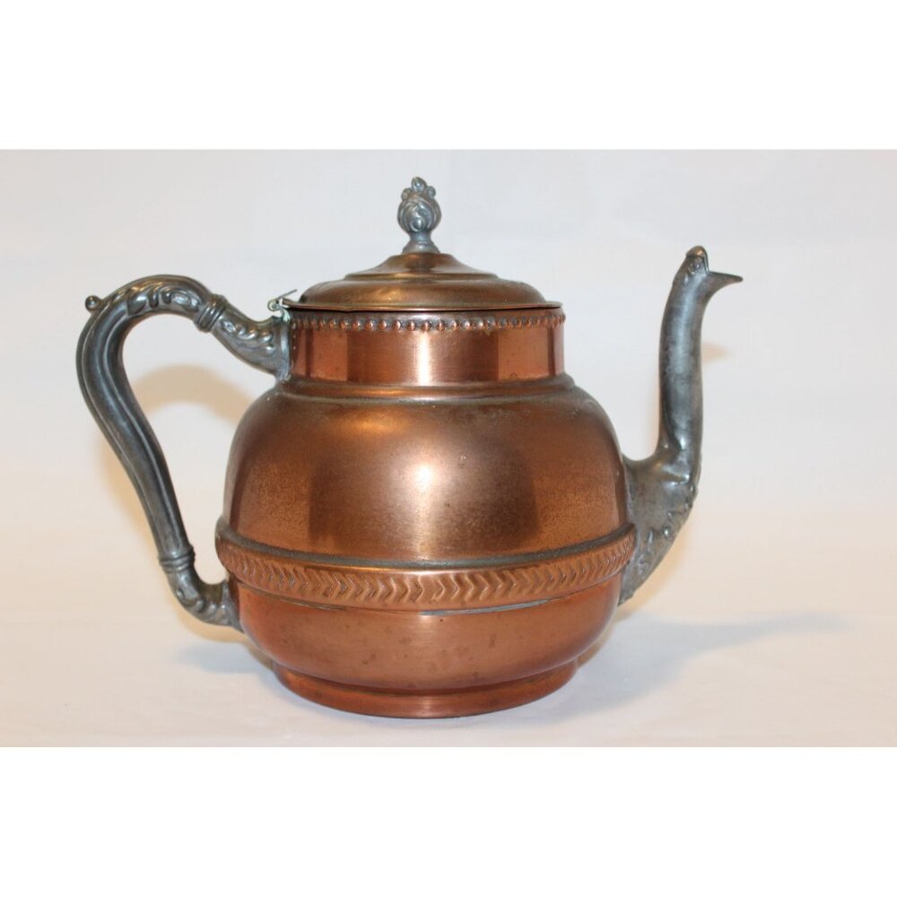 Vintage Copper & Pewter Teapot With Ornate Handle & Spout Hinged Lid Detached Co - Picture 1 of 14
